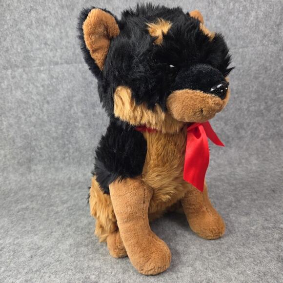 HugFun Rottweiler Dog Plush 14 Inch Brown Black Puppy Red Bow Stuffed Animal Toy - Picture 4 of 10